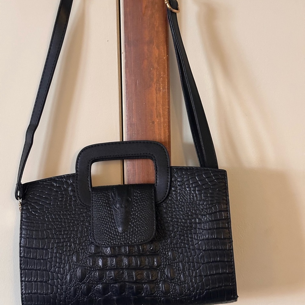 Black Croc-Embossed Shoulder Bag with Top Handle - Picture 7 of 8